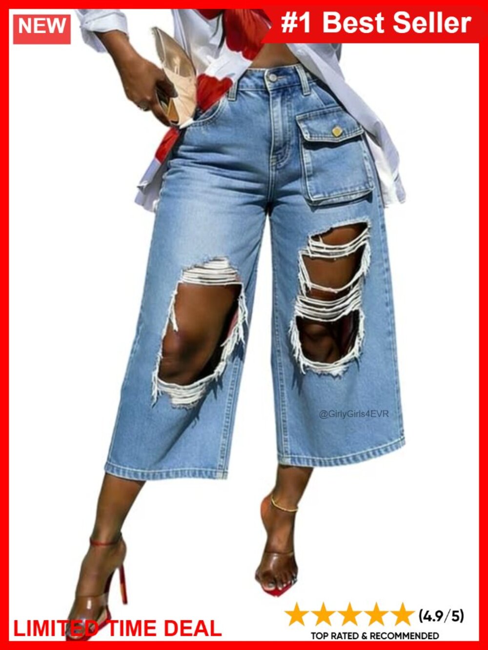 Womens Cargo Capri High Rise Wide Leg Ripped Denim Jeans